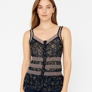 Black/Gray Sheer Lace Trim Button-Up Floral Ruffle Hem Top Boho Twee Gift School